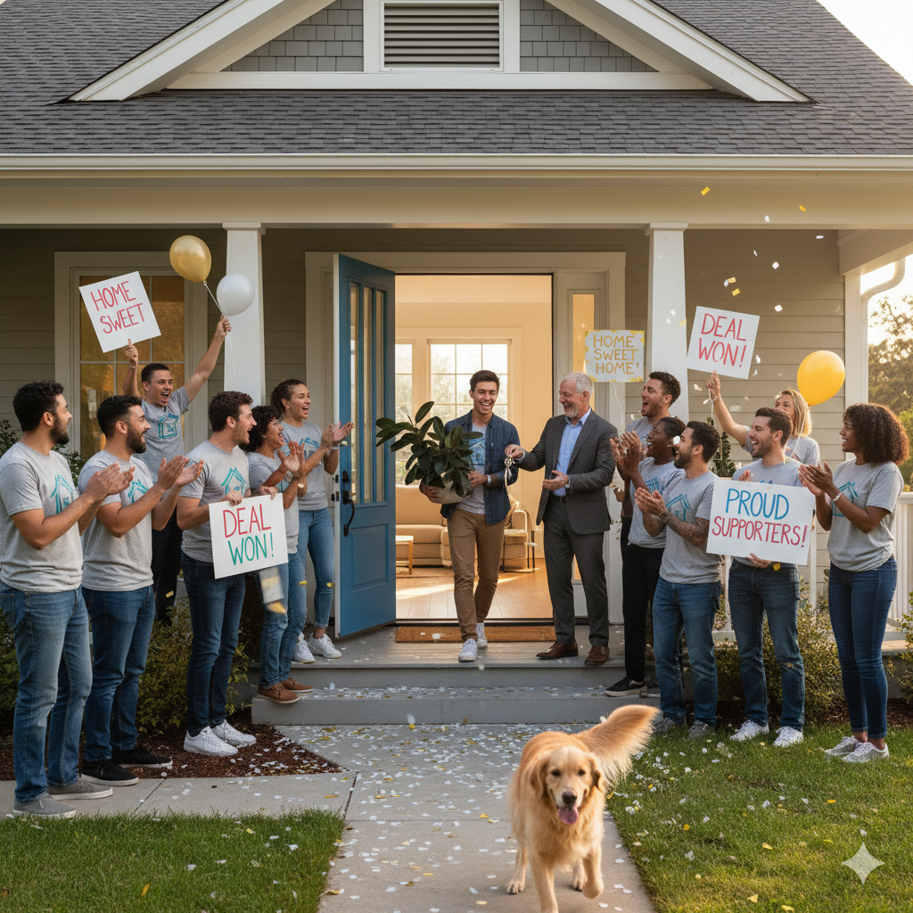 Mortgage broker and professional team celebrating clients’ home ownership success